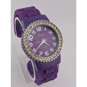 Vivani Watch Women 34mm Case Crystal Bezel Purple Silicone Bangle- New Battery